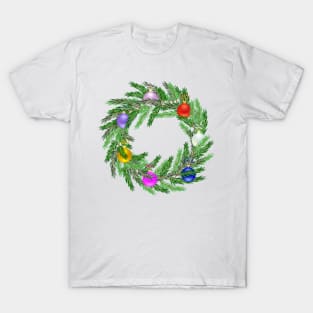 Lifelike Christmas wreath with many gradient colored baubles T-Shirt